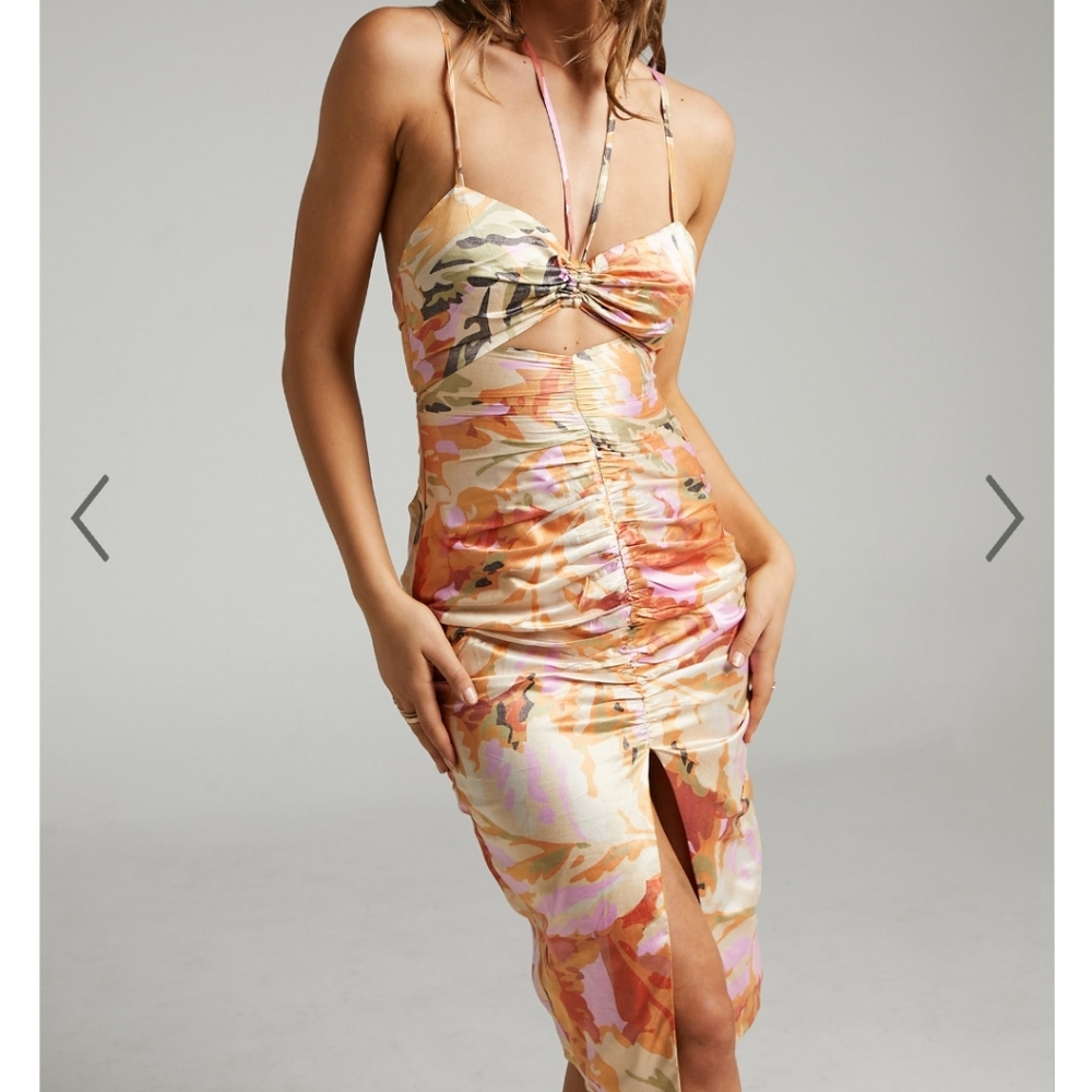 Showpo Patrizia halter split front midi dress in abstract palm